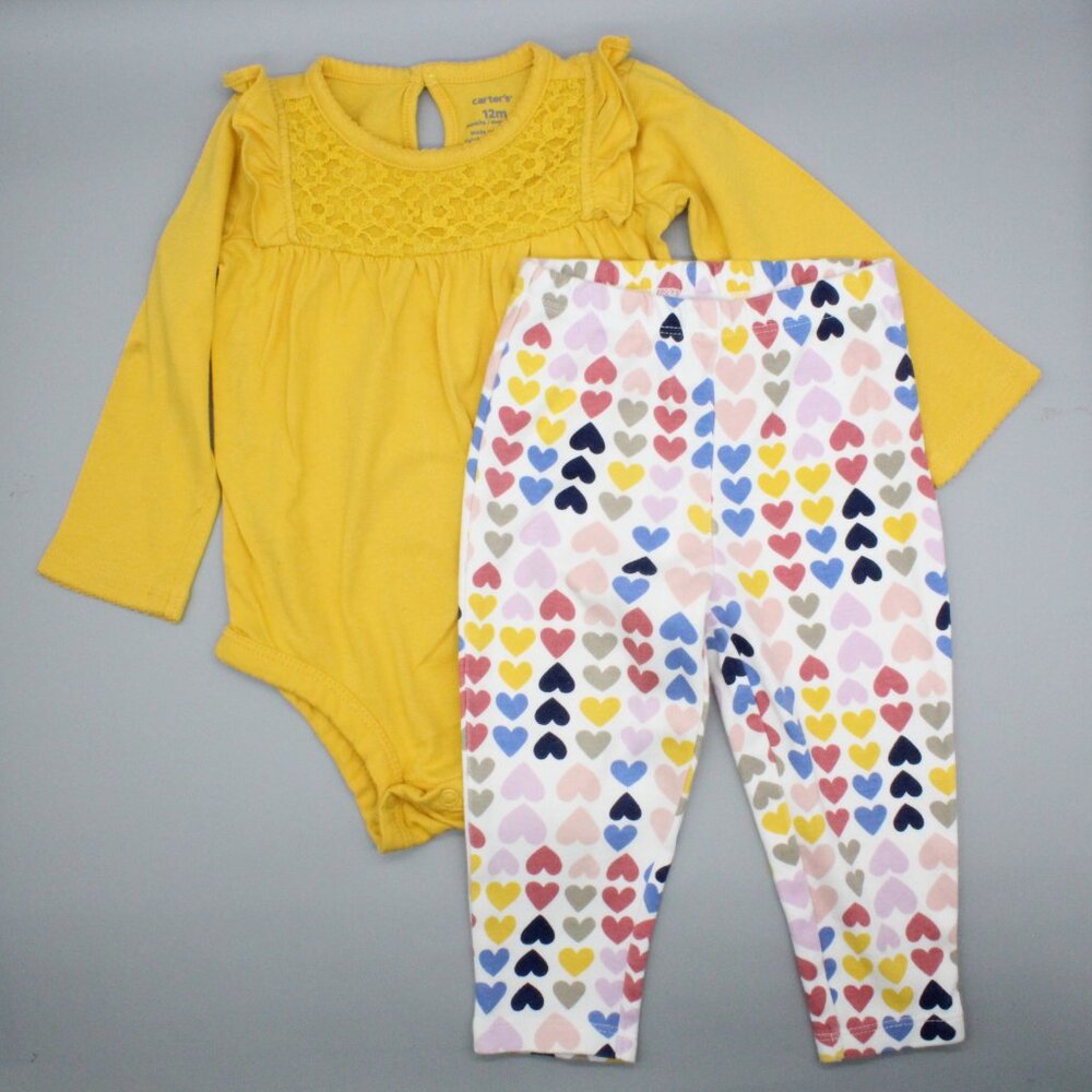 Carter’s 2-Piece Baby Outfit | Size 12 M | Mustard & Multicolor Hearts